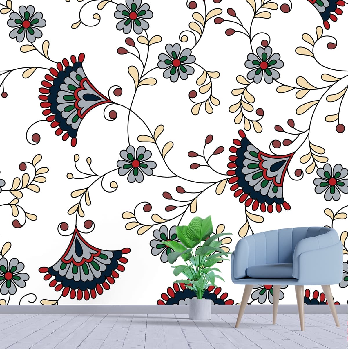 Traditional Indian Floral Kalamkari Pattern Wallpaper shown in a room