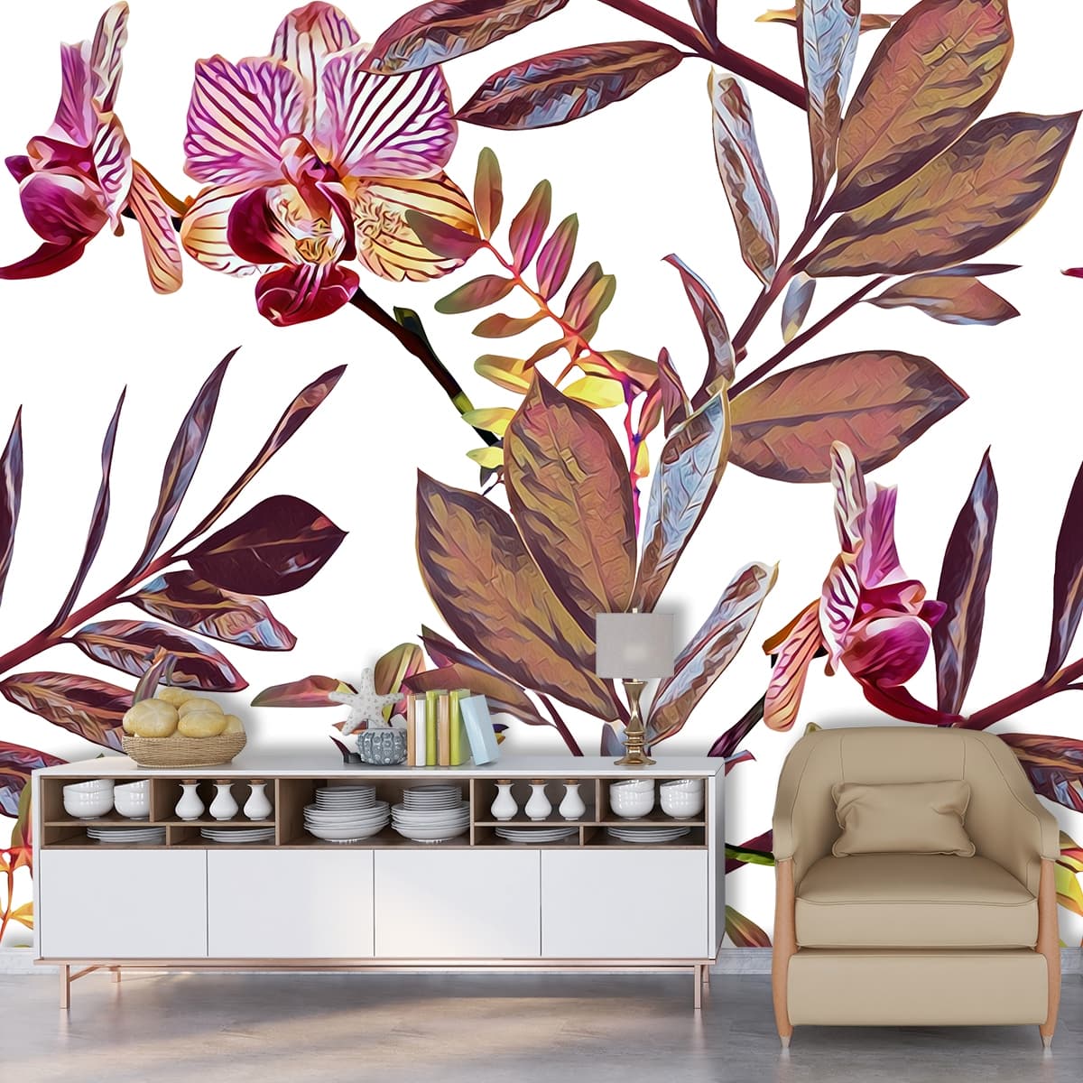 An Abstract Wallpaper of Flowers and Leaves for Wall shown in a room