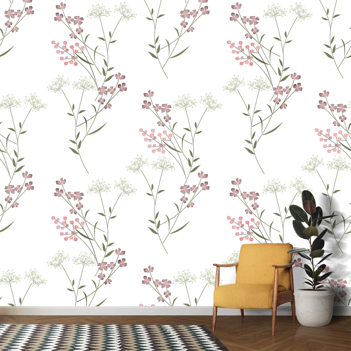 Soft Vintage Floral Leaf Pattern for Home Wallpaper shown in a room