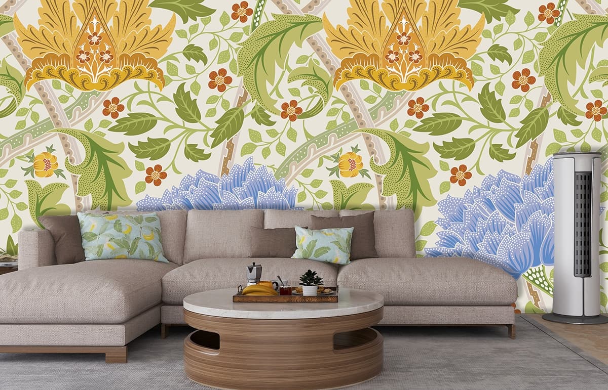 Colorful Leaves and Flower Pattern Wallpaper shown in a room