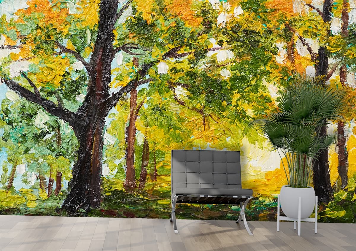 Yellow Green Leaf Trees Nature Landscape wallpaper shown in a room