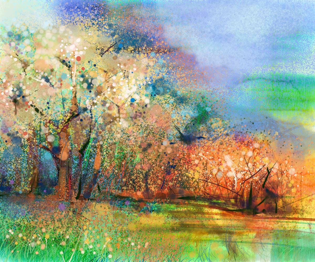 A painting of trees and grass pattern detail