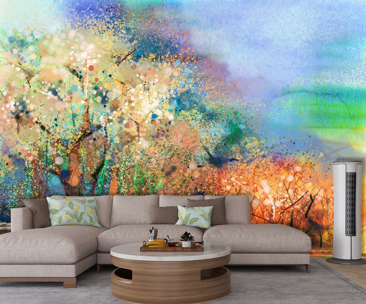 A painting of trees and grass shown in a room
