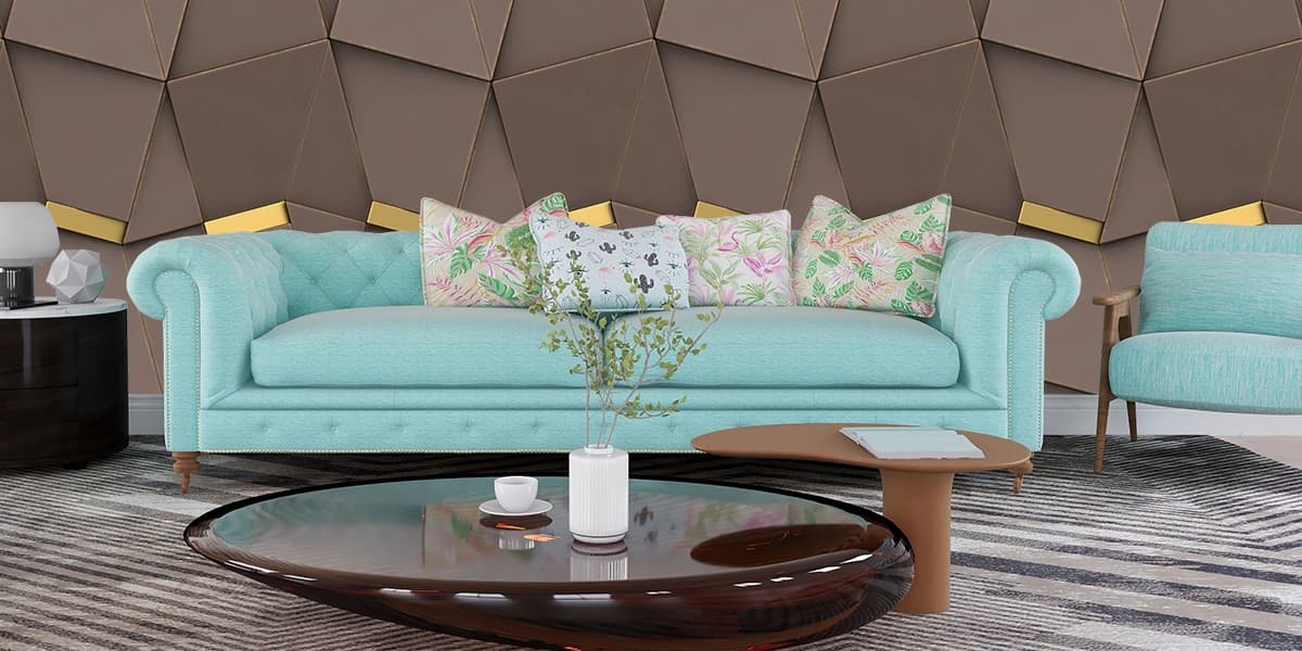 A wall with a pattern of brown and gold triangles shown in a room