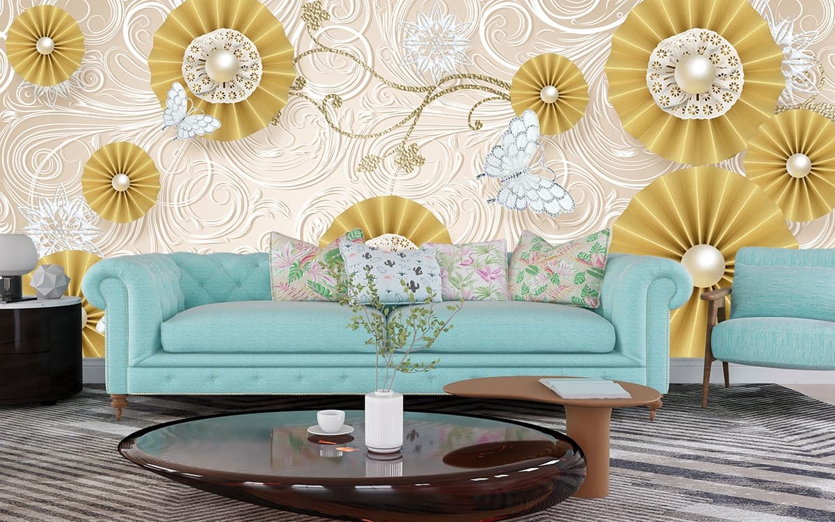 Luxury Living Room Gold Floral Butterfly Wall Wallpaper shown in a room