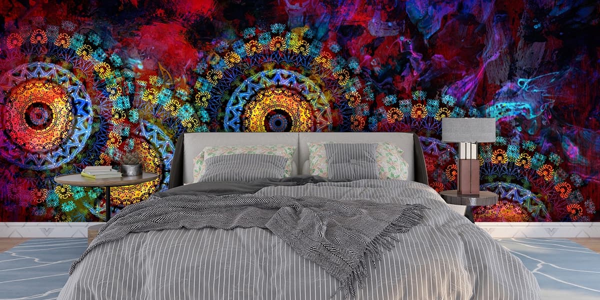 A colorful circular pattern on a surface shown in a room