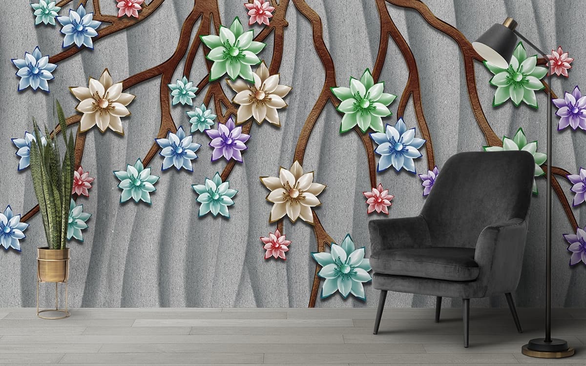 Tree in Bloom with Flowers Mural Wallpaper shown in a room