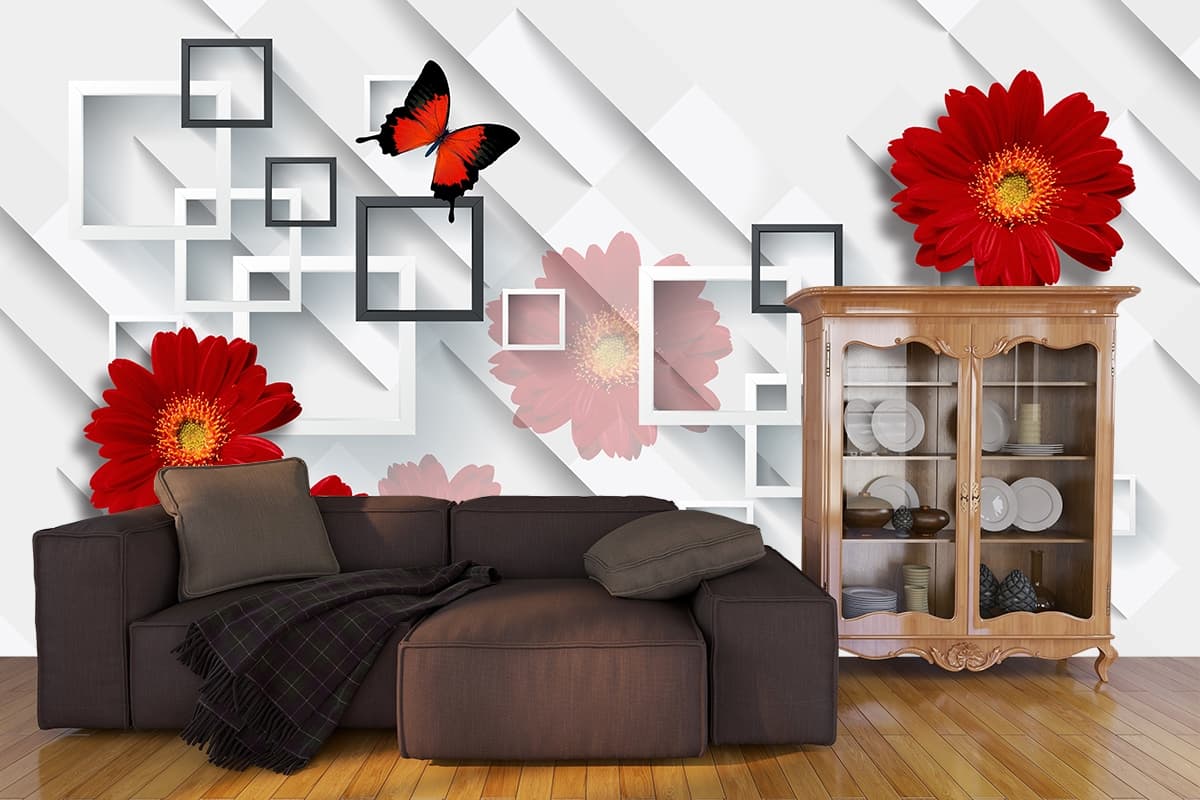 A wallpaper with red flowers and black squares shown in a room