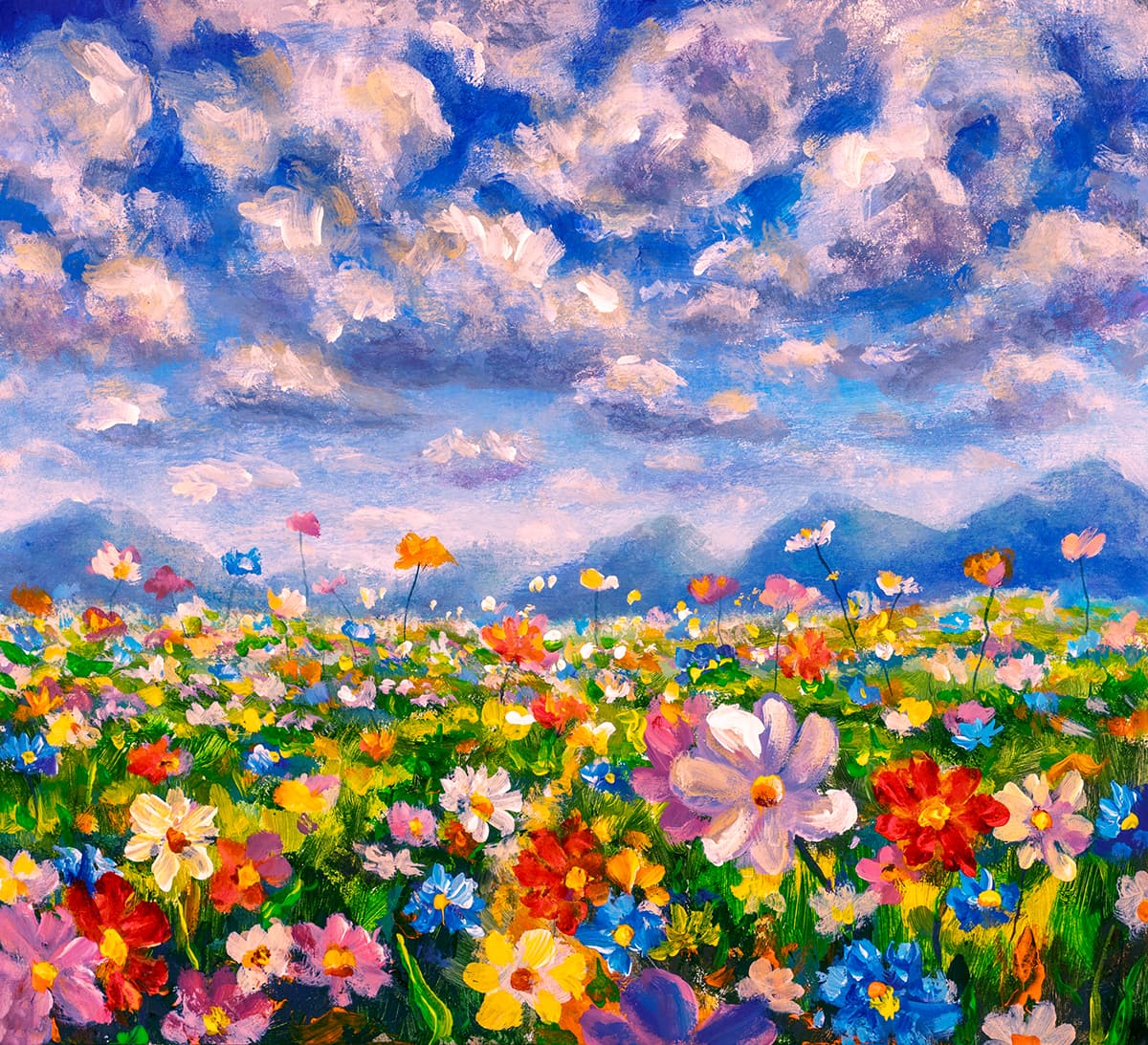Beautiful Painting of a Field of Flowers Wallpaper pattern detail