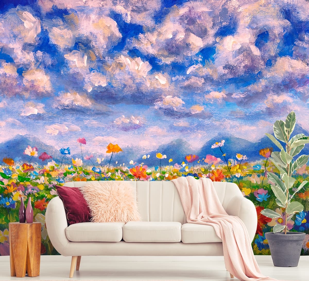 Beautiful Painting of a Field of Flowers Wallpaper shown in a room