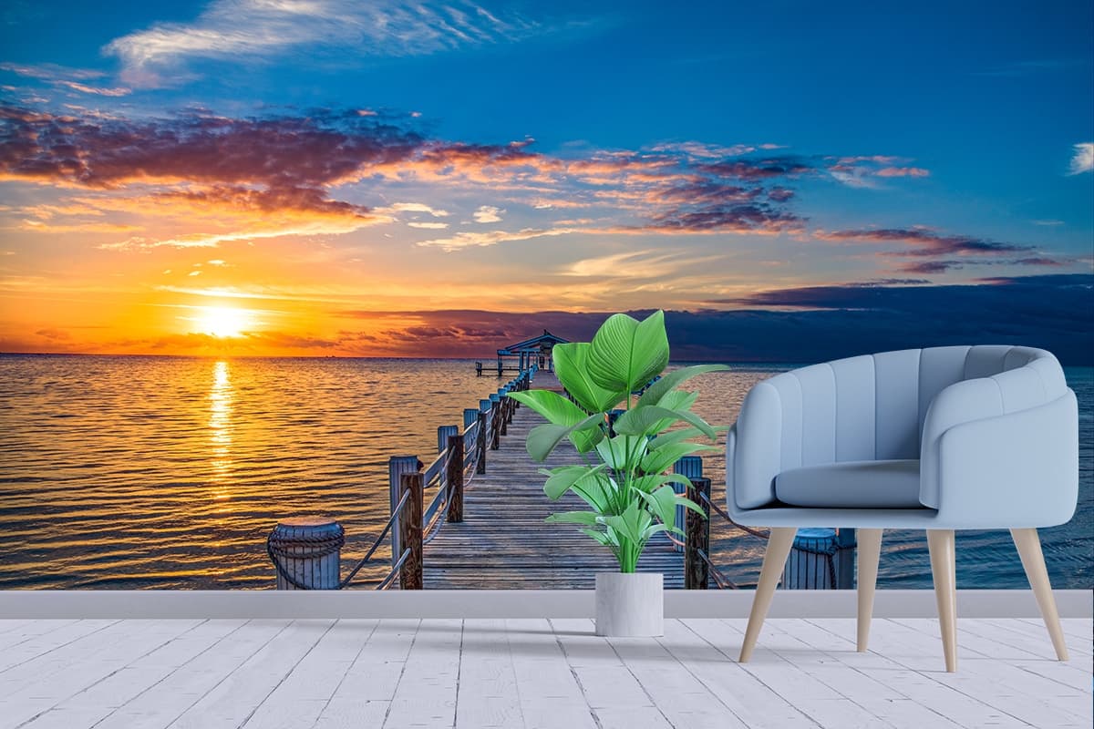 Peaceful Dock Pathway to Water Scenic Wallpaper shown in a room