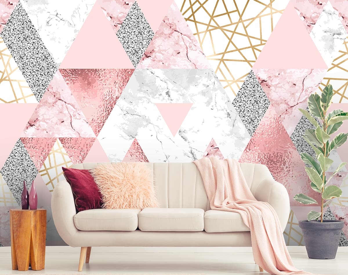 Pink and Silver Geometric Triangle Pattern Wall Wallpaper shown in a room