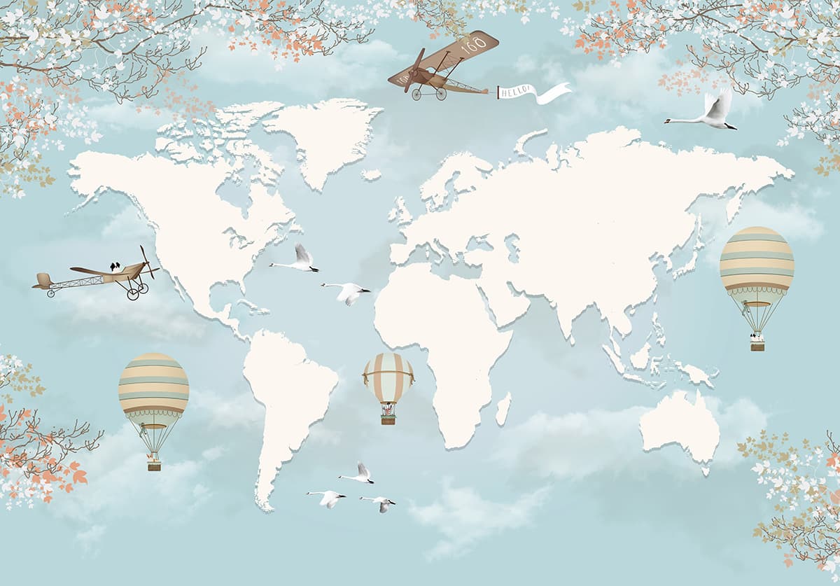 World Map with Birds and Hot Air Balloons Kids Adventure Theme wallpaper pattern detail