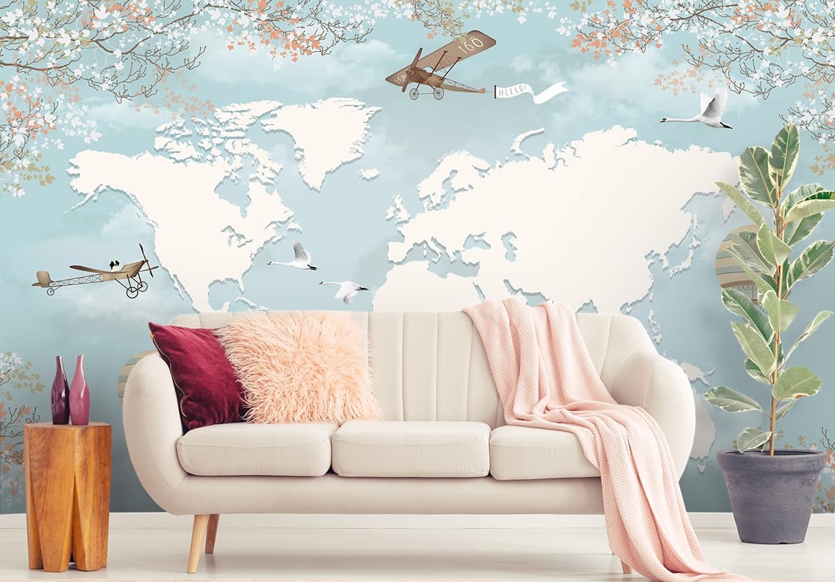 World Map with Birds and Hot Air Balloons Kids Adventure Theme wallpaper shown in a room
