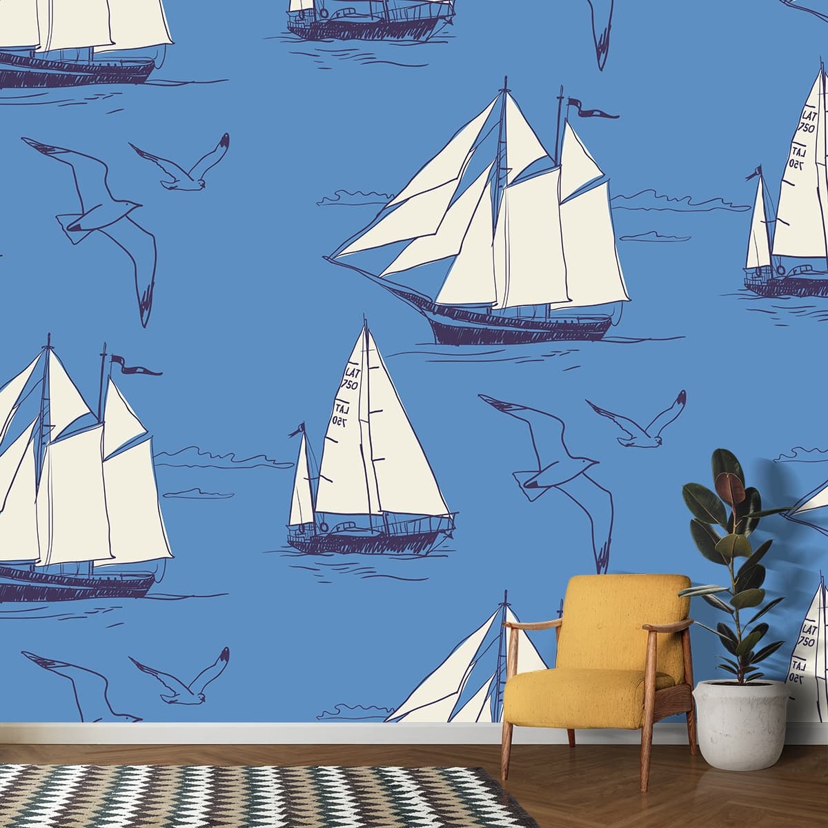 A pattern of sailboats and birds shown in a room