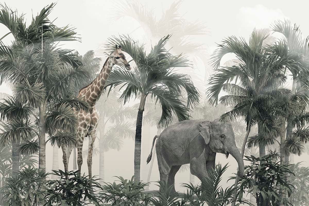 Elephant and Giraffes in A Forest Wallpaper pattern detail