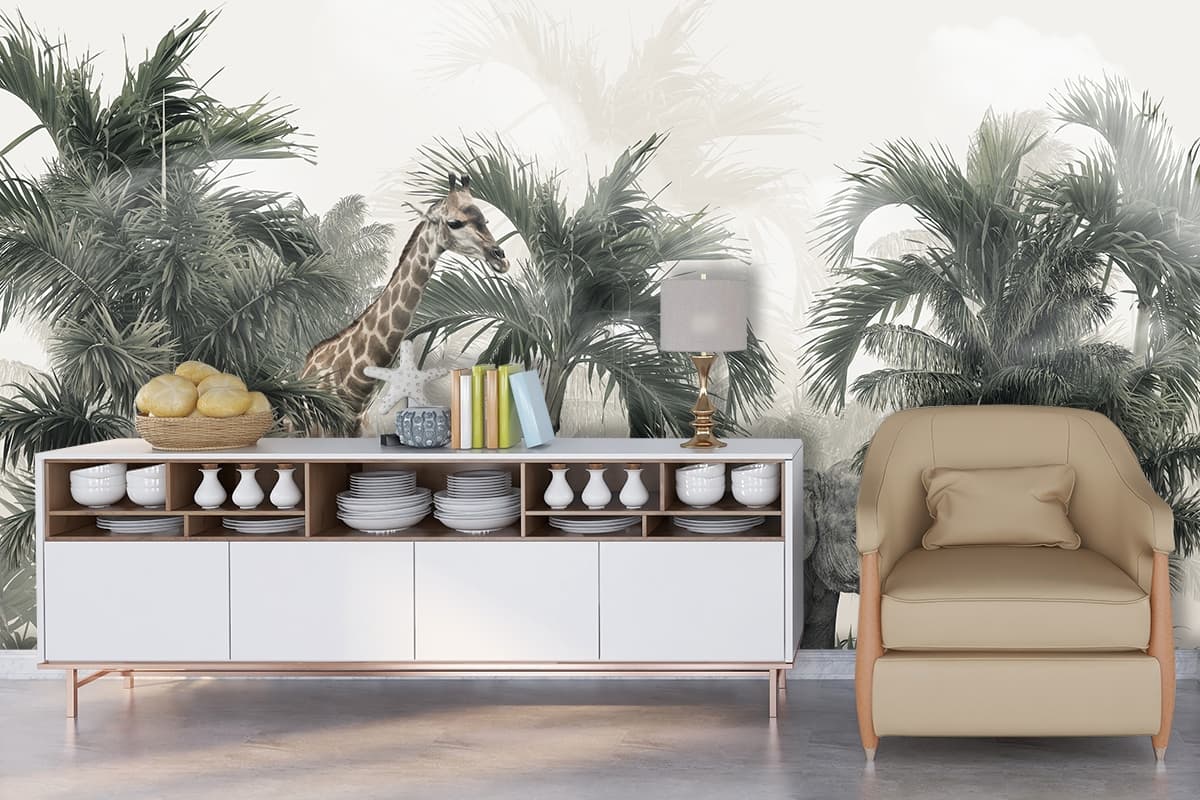 Elephant and Giraffes in A Forest Wallpaper shown in a room