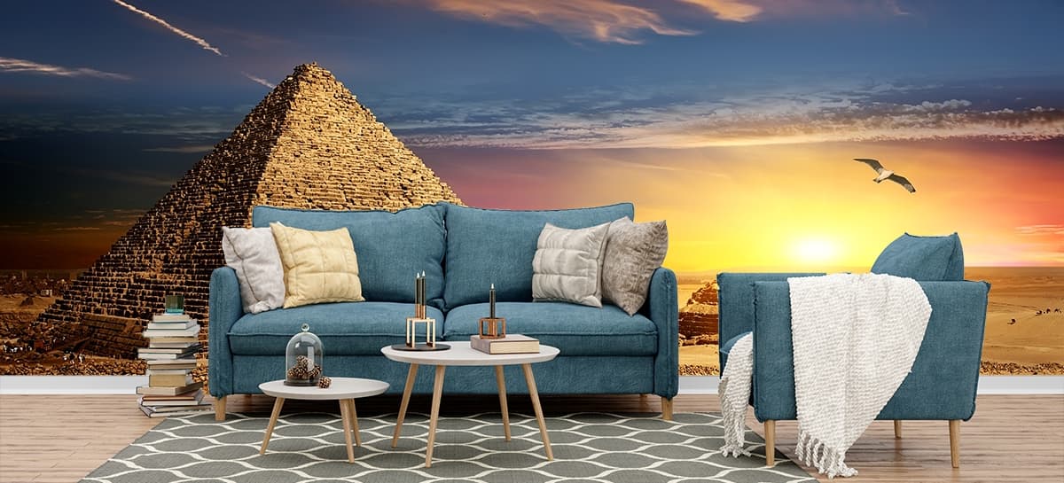 Great Pyramid of Giza Desert Landscape Scenic Wallpaper shown in a room