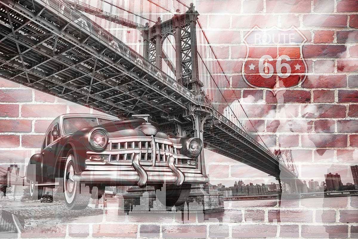 Urban bridge with car on textured brick wall art wallpaper pattern detail