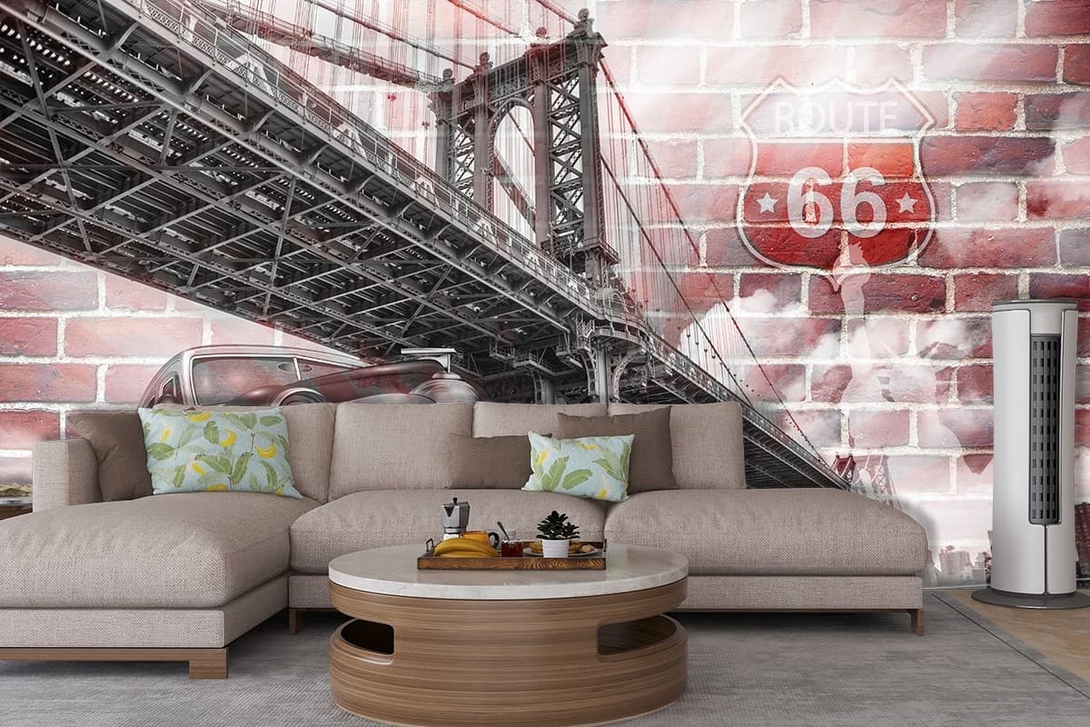 Urban bridge with car on textured brick wall art wallpaper shown in a room