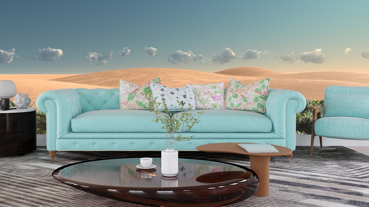 Palm Trees in Desert Landscape Scenic Wall Mural Wallpaper shown in a room