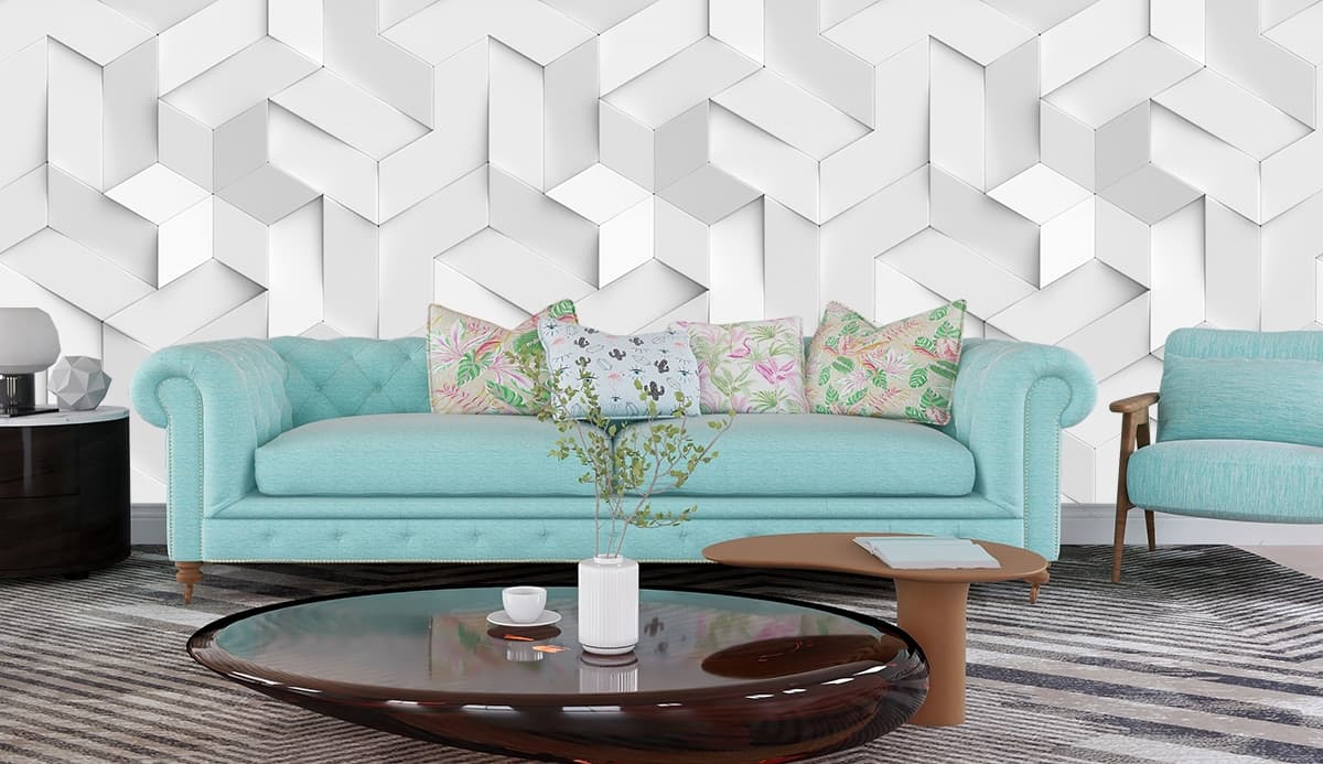 Elegant White 3D Cube Pattern Minimal Look Wallpaper shown in a room