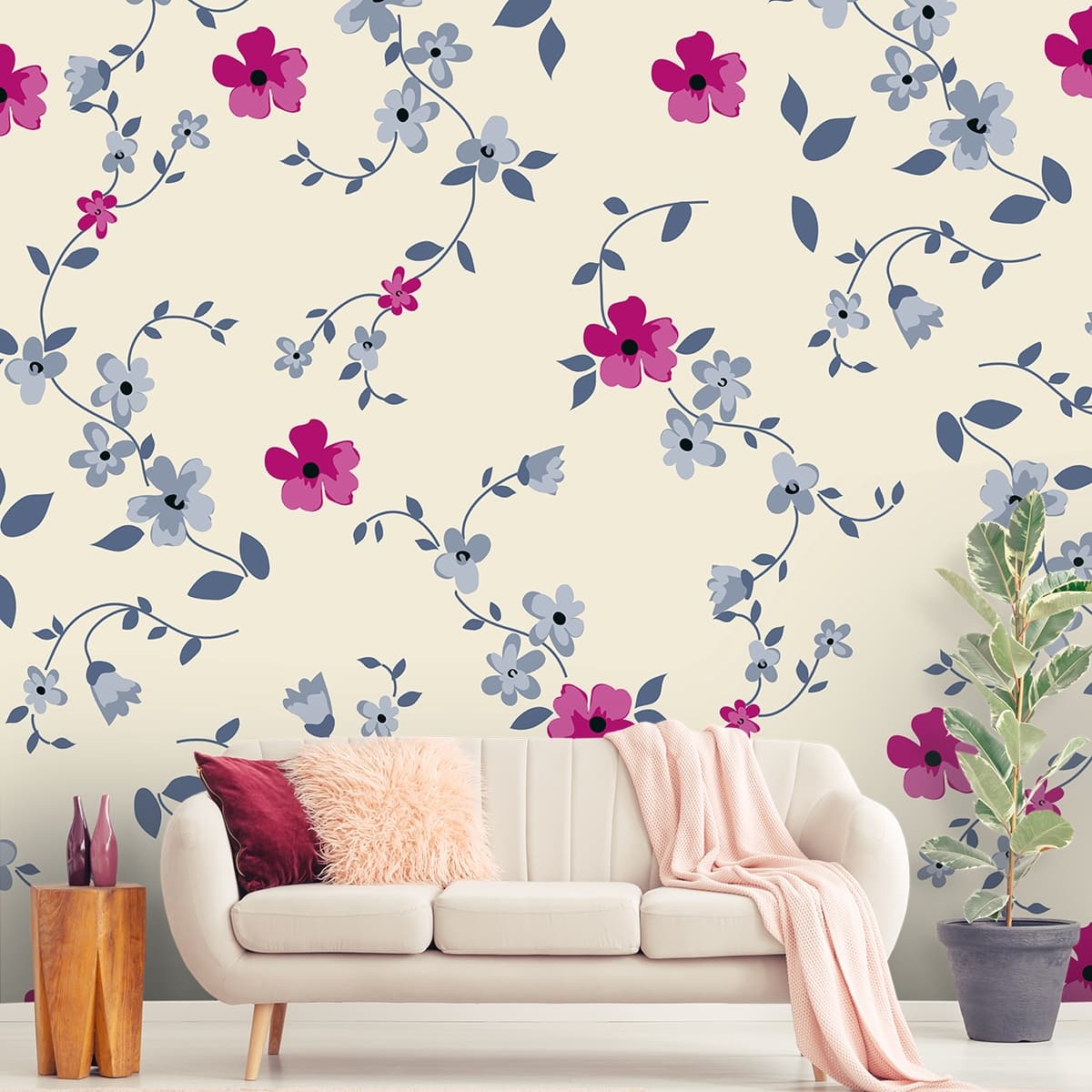A Petal Perfection Rhapsody Floral Wallpaper shown in a room