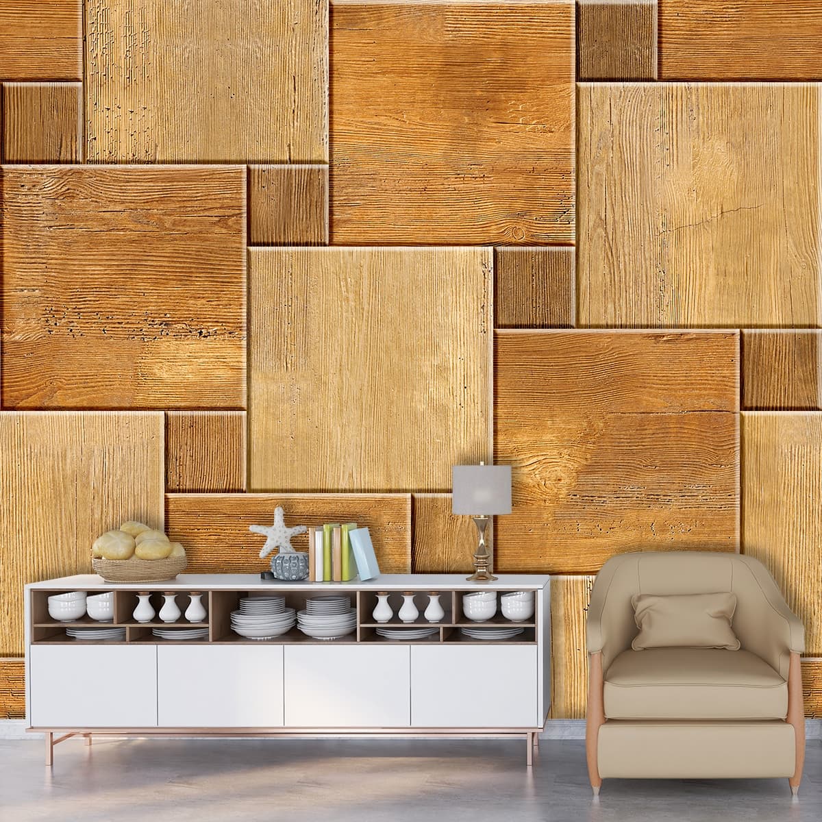 Wood Tile Wallpaper shown in a room