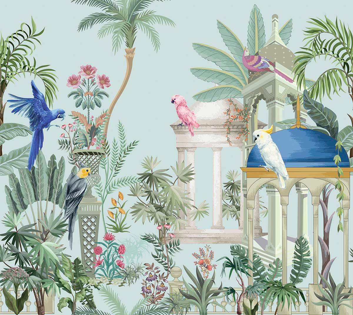Muted Tropical Birds & Foliage Wallpaper pattern detail