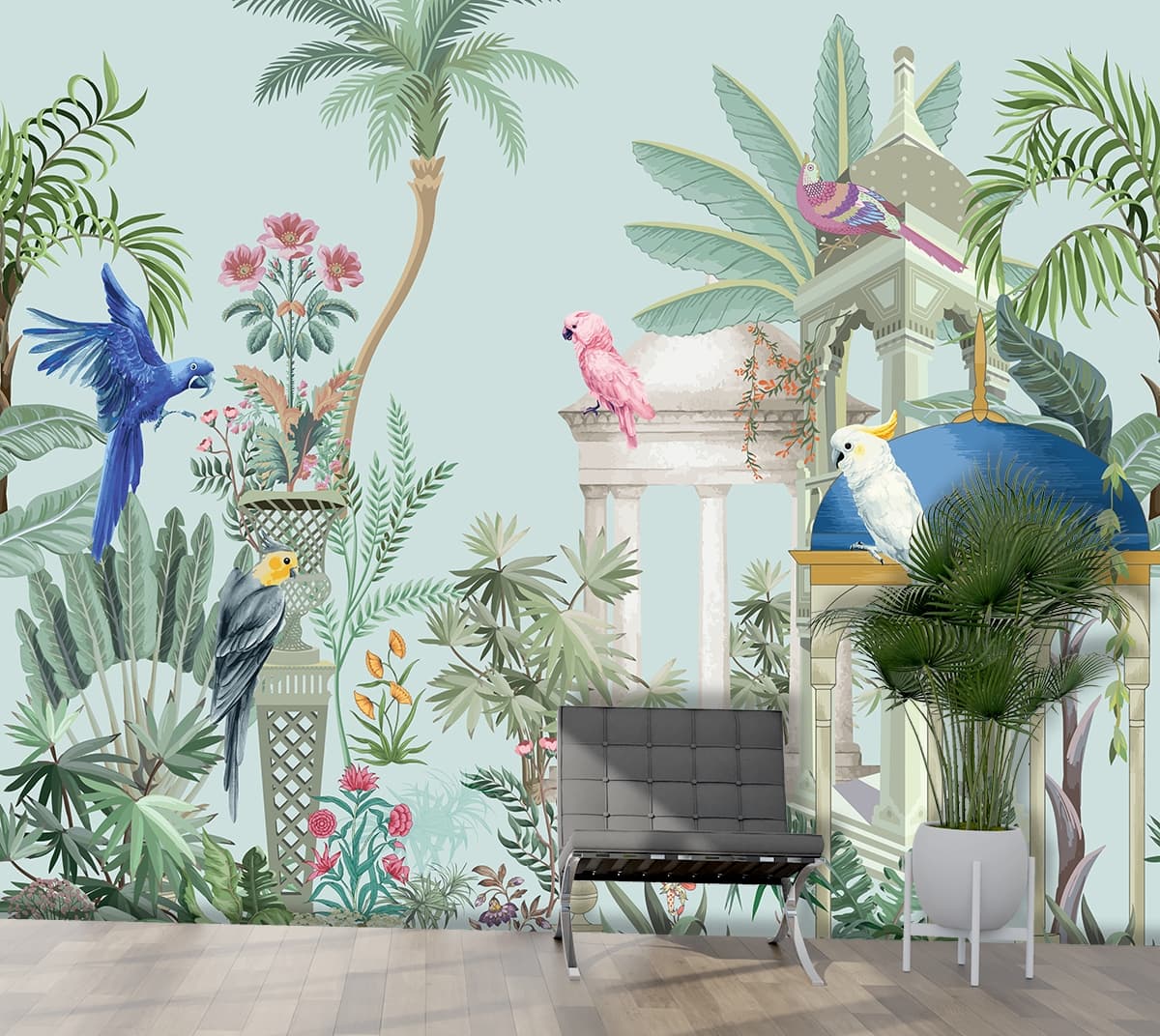 Muted Tropical Birds & Foliage Wallpaper shown in a room