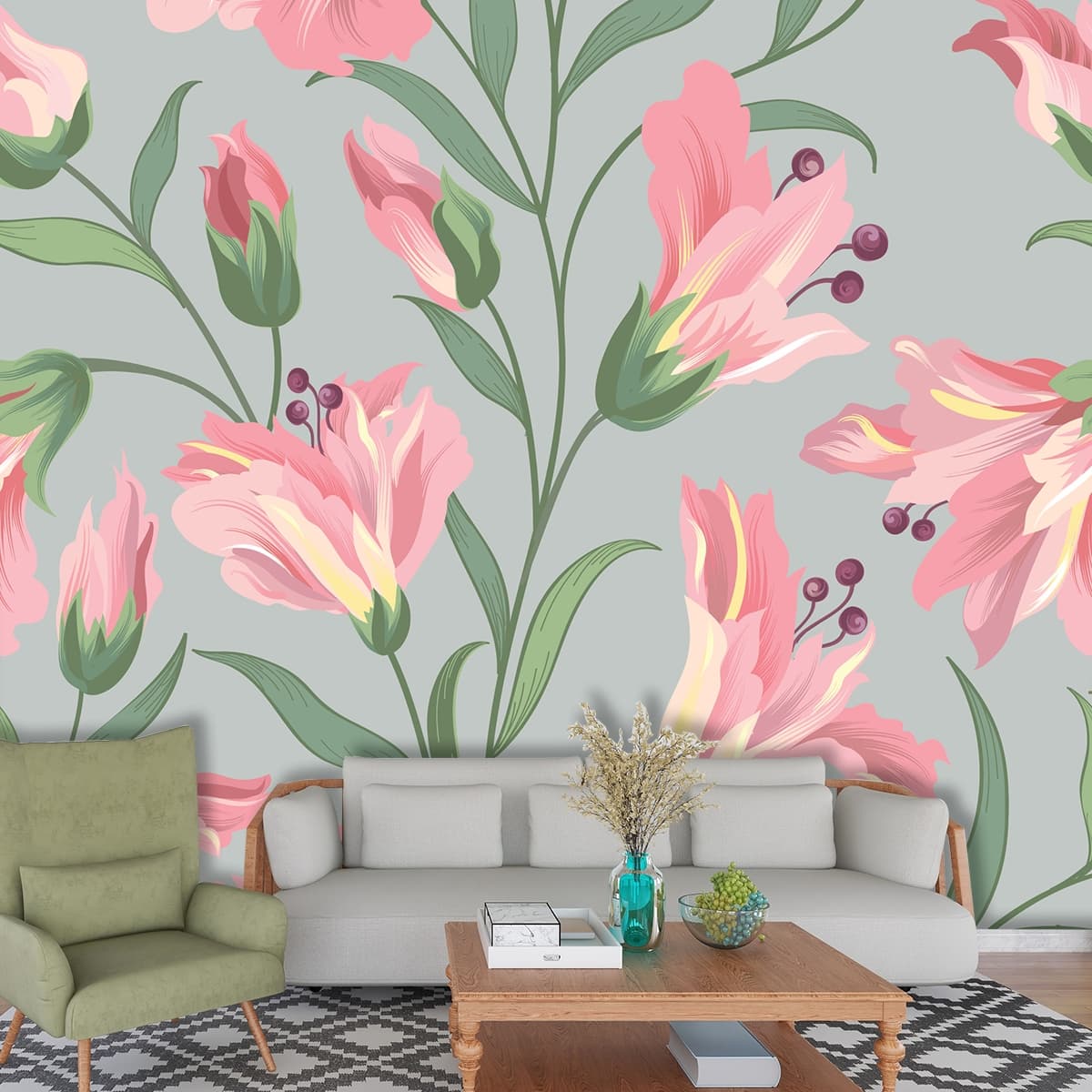 Stylish Pink Floral Pattern Design Wall Wallpaper shown in a room