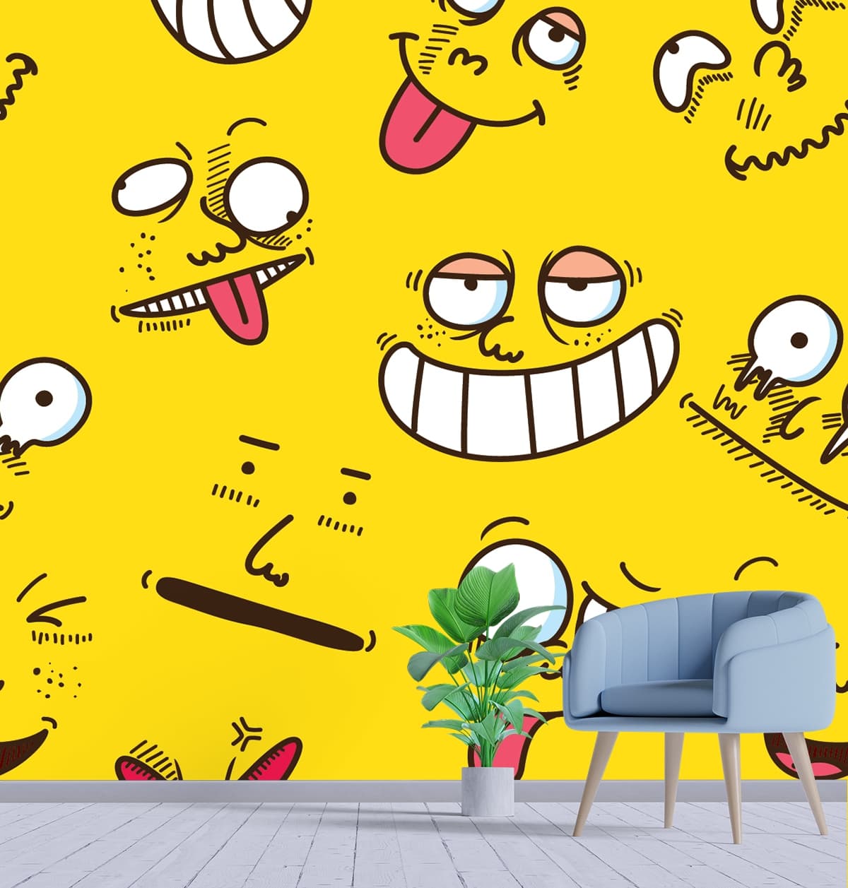 Pop Art Faces Design on Yellow Background Wallpaper shown in a room