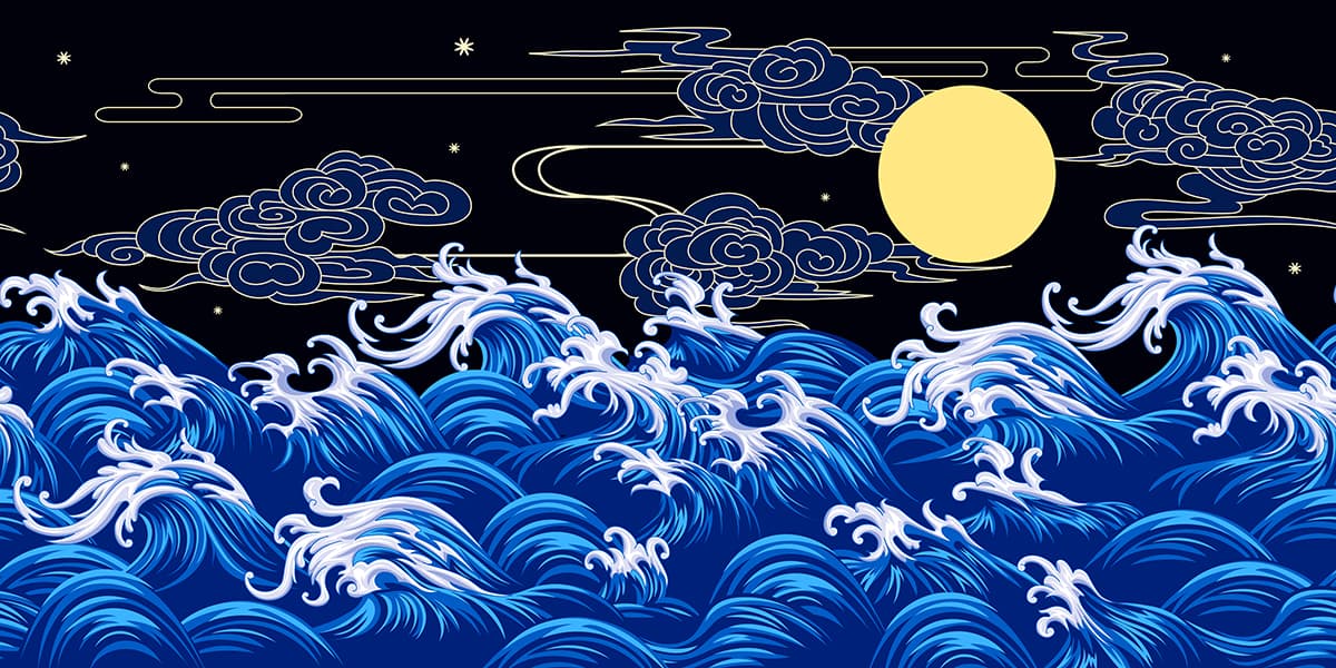 Ocean waves and moon wallpaper pattern detail
