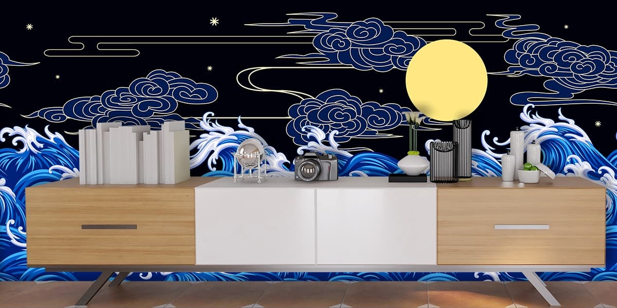 Ocean waves and moon wallpaper shown in a room