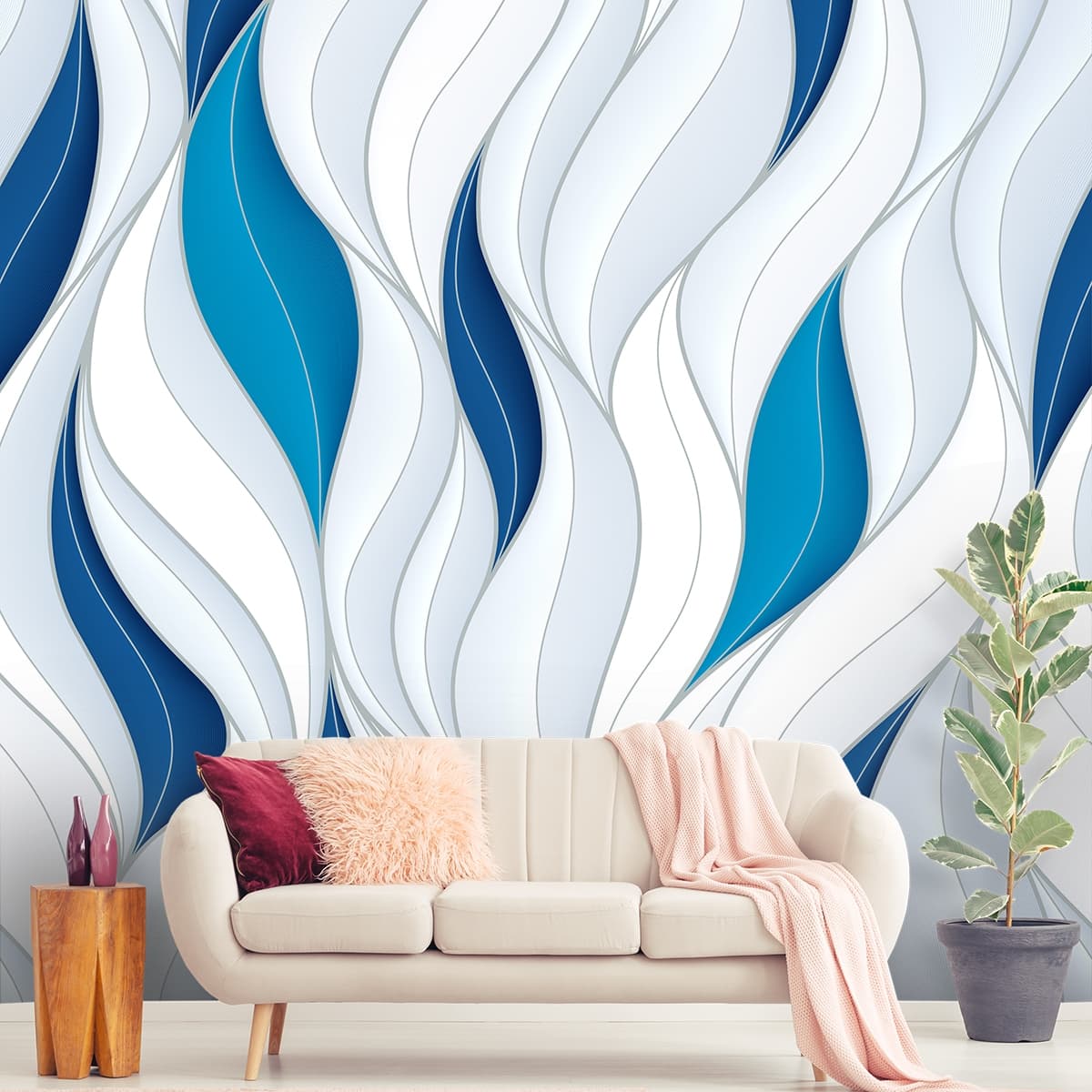 A white and blue wavy pattern shown in a room