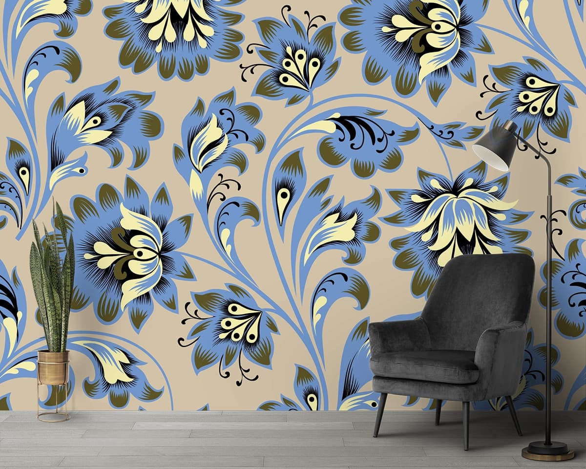 Floral Bliss Blue and Yellow Flower Pattern Wallpaper Mural shown in a room
