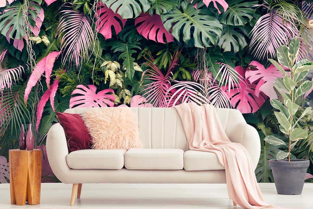 Pink and Green Leaves Aesthetic Botanical Design Wallpaper shown in a room