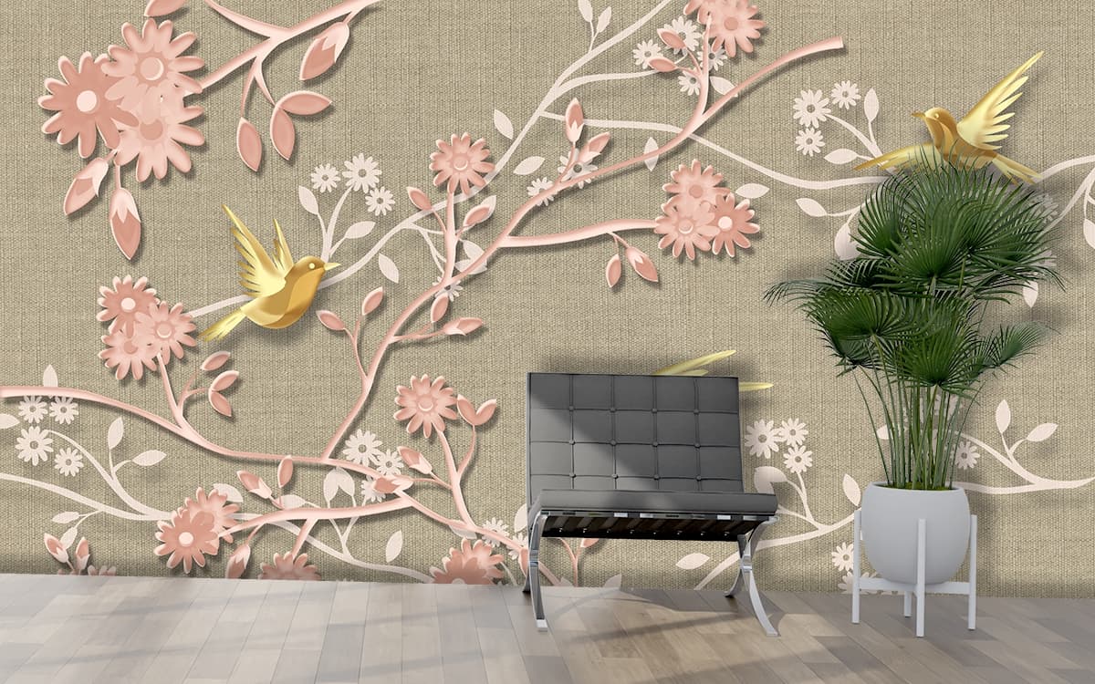 Premium Birds and Flowers Landscape wallpaper shown in a room