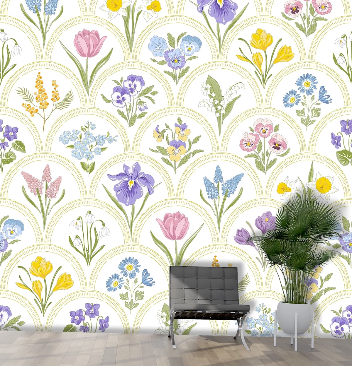 Living Room Wallpaper - Pattern of flowers on a white background shown in a room