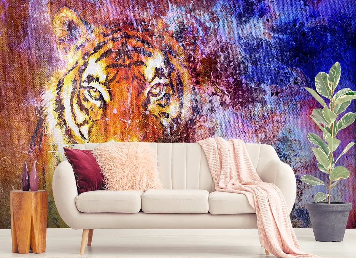 Colorful Tiger Artistic Background Wall Mural Wallpaper shown in a room