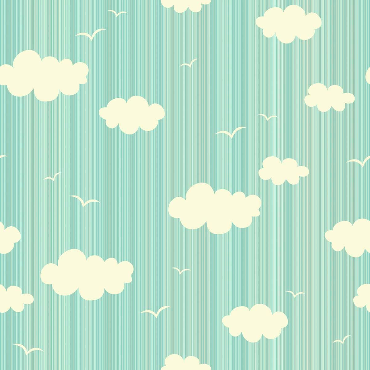 Blue and White Striped Background with Clouds and Birds Wallpaper pattern detail