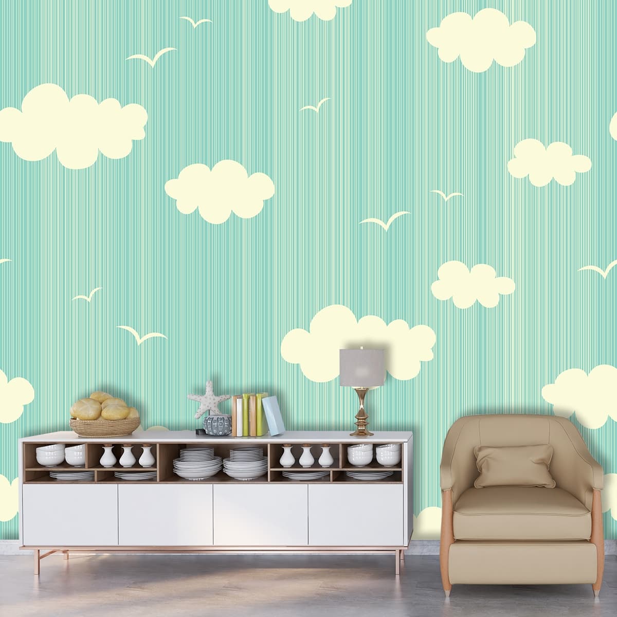 Blue and White Striped Background with Clouds and Birds Wallpaper shown in a room