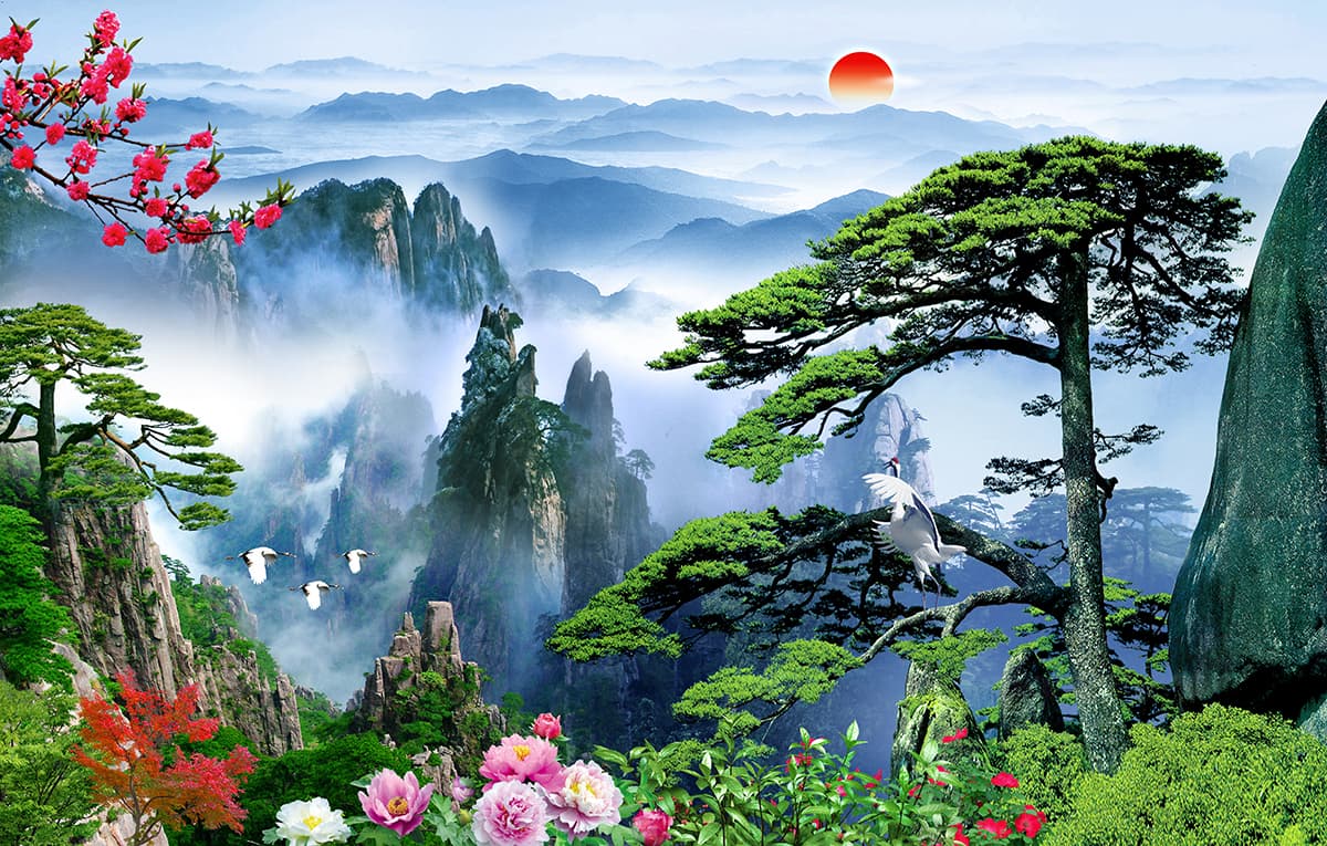 Premium Nature Scene with Flowers and Mountains Wallpaper pattern detail