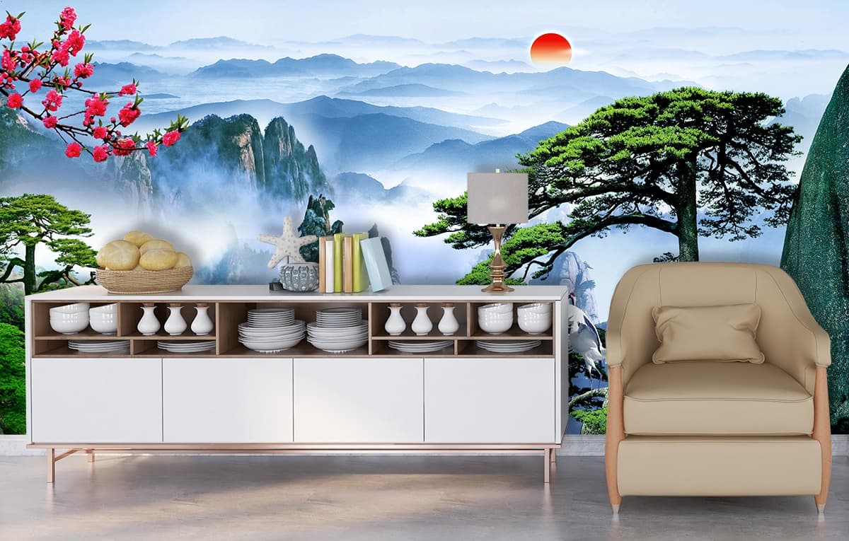 Premium Nature Scene with Flowers and Mountains Wallpaper shown in a room