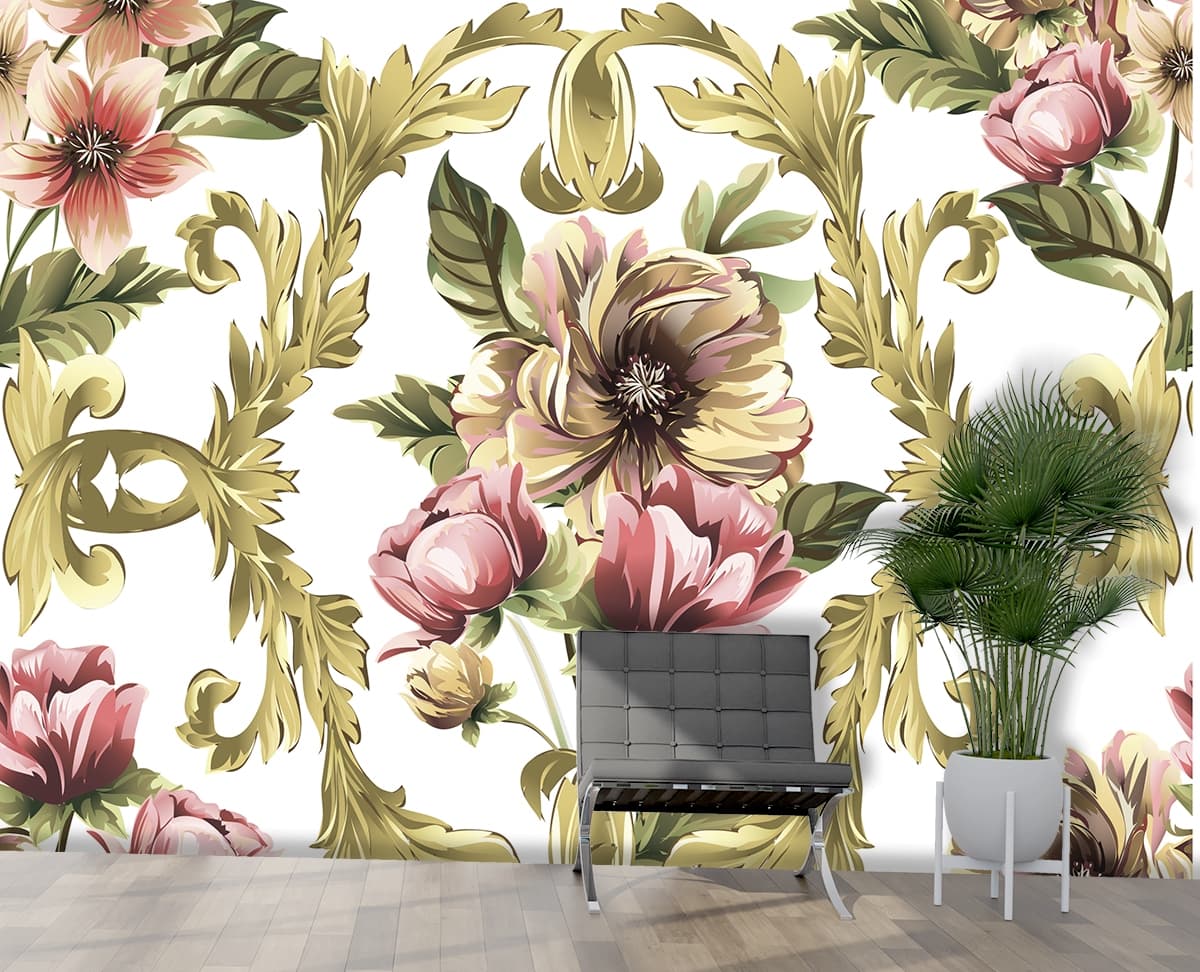 A floral pattern with gold leaves shown in a room
