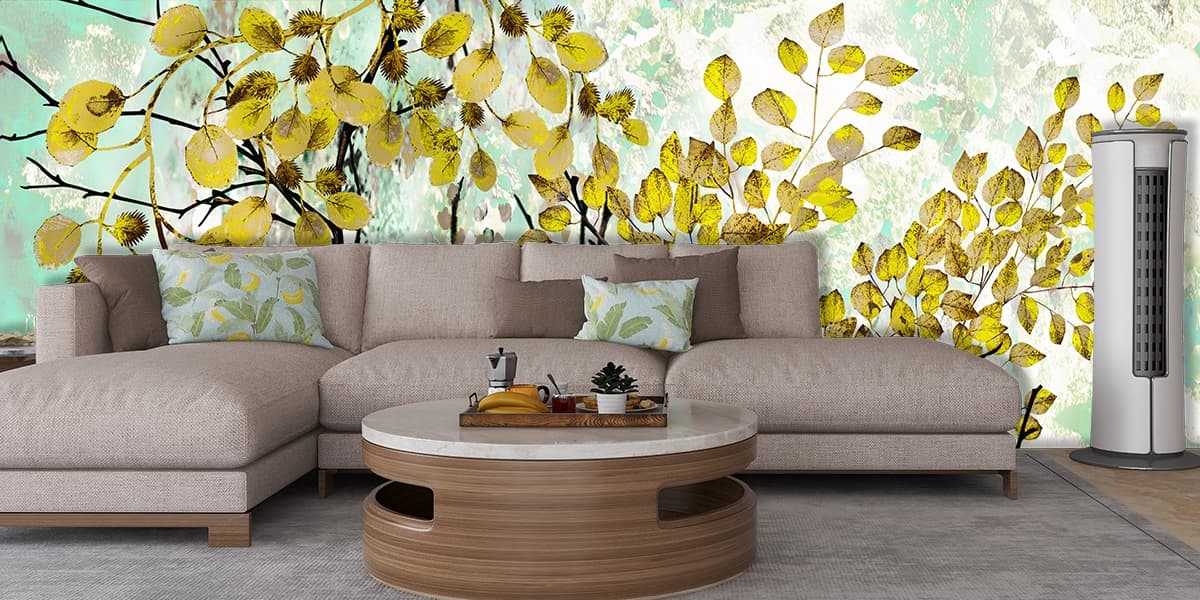 Tree With Yellow Leaves Scenery Wallpaper shown in a room
