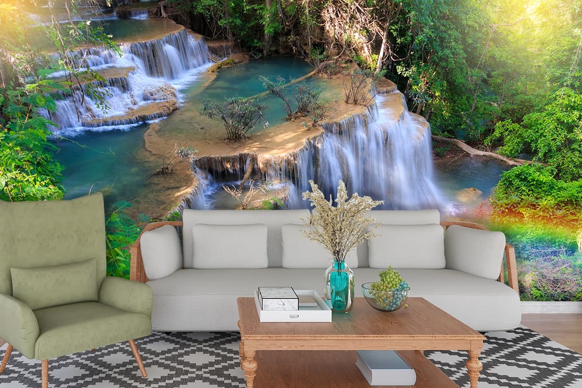 Beautiful Waterfall Rainbow Landscape Wallpaper shown in a room