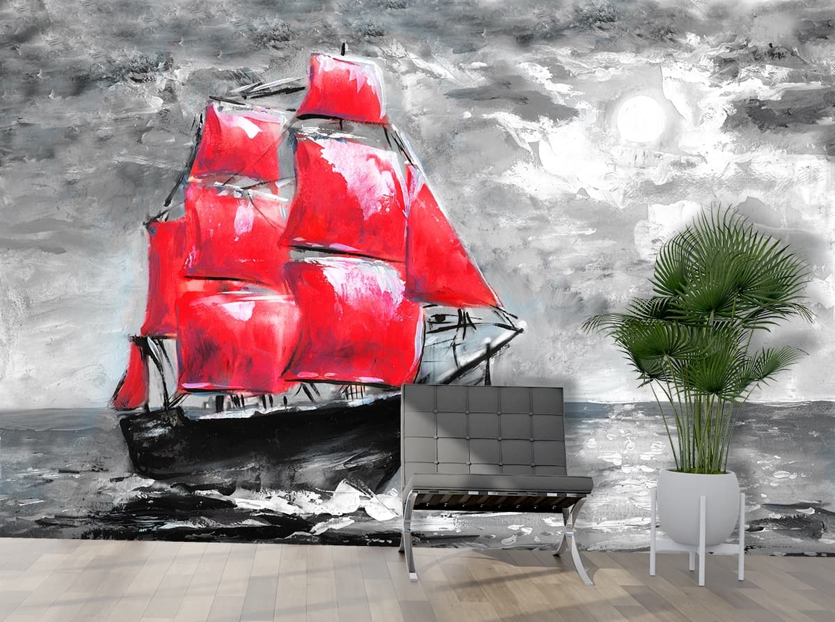 Red Sail Ship Artistic Seascape Painting wallpaper shown in a room