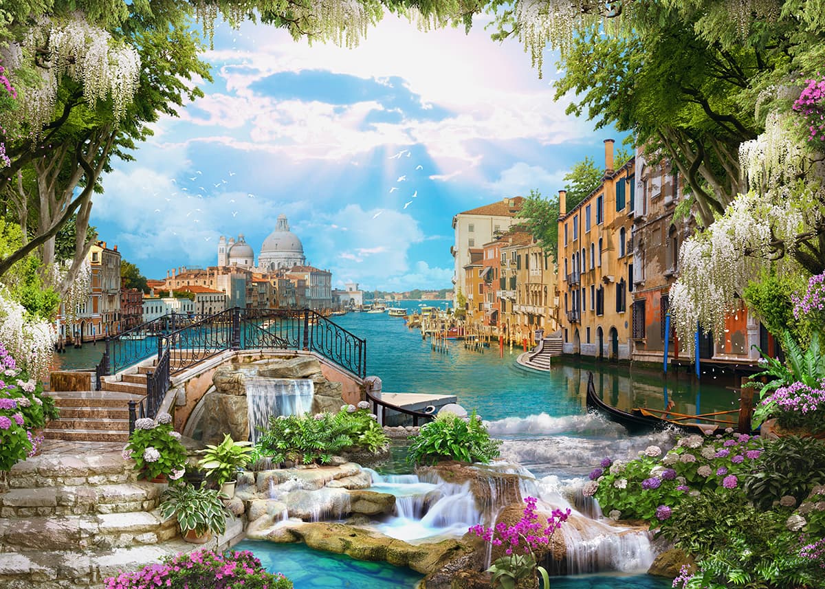 A water way with a bridge and a bridge over it pattern detail