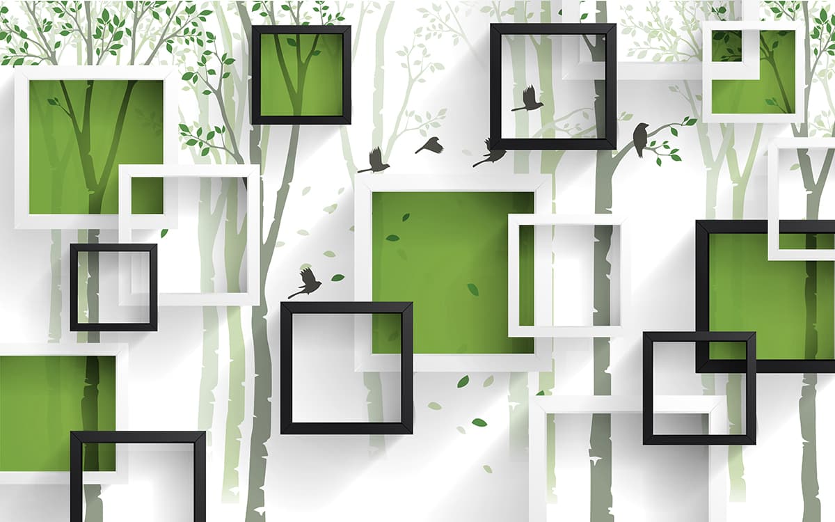 A wall with black frames and birds on it pattern detail